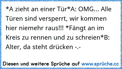 *A zieht an einer Tür*
A: OMG... Alle Türen sind versperrt, wir kommen hier niemehr raus!!! *Fängt an im Kreis zu rennen und zu schreien*
B: Alter, da steht drücken -.-