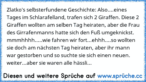 Zlatko's selbsterfundene Geschichte: Also....eines Tages im Schlarafelland, trafen sich 2 Giraffen. Diese 2 Giraffen wollten am selben Tag heiraten, aber die Frau des Girrafenmanns hatte sich den Fuß umgeknickst. mmmhhhh.....wie fahren wir fort...ehhh....so wollten sie doch am nächsten Tag heiraten, aber ihr mann war gestorben und so suchte sie sich einen neuen. weiter...aber sie waren alle häs...