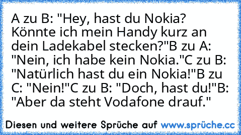 A zu B: "Hey, hast du Nokia? Könnte ich mein Handy kurz an dein Ladekabel stecken?"
B zu A: "Nein, ich habe kein Nokia."
C zu B: "Natürlich hast du ein Nokia!"
B zu C: "Nein!"
C zu B: "Doch, hast du!"
B: "Aber da steht Vodafone drauf."