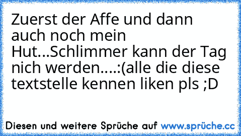 Zuerst der Affe und dann auch noch mein Hut...
Schlimmer kann der Tag nich werden....:(
alle die diese textstelle kennen liken pls ;D