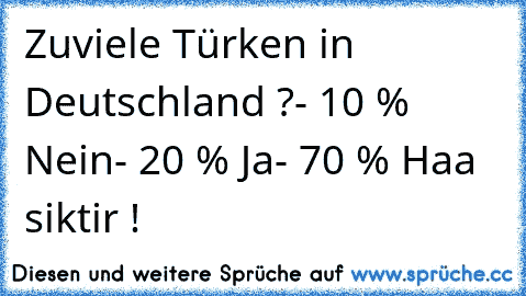 Zuviele Türken in Deutschland ?
- 10 % Nein
- 20 % Ja
- 70 % Haa siktir !