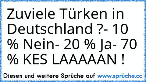 Zuviele Türken in Deutschland ?
- 10 % Nein
- 20 % Ja
- 70 % KES LAAAAAN !