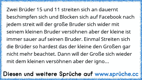 Zwei Brüder 15 und 11 streiten sich an dauernt beschimpfen sich und Blocken sich auf Facebook nach jedem streit will der große Bruder sich wider mit seinem kleinen Bruder versöhnen aber der kleine ist immer sauer auf seinen Bruder. Einmal Streiten sich die Brüder so hardest das der kleine den Großen gar nicht mehr beachtet. Dann will der Große sich wieder mit dem kleinen versöhnen aber der ignorie...