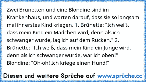 Zwei Brünetten und eine Blondine sind im Krankenhaus, und warten darauf, dass sie so langsam mal ihr erstes Kind kriegen. 1. Brünette: "Ich weiß, dass mein Kind ein Mädchen wird, denn als ich schwanger wurde, lag ich auf dem Rücken." 2. Brünette: "Ich weiß, dass mein Kind ein Junge wird, denn als ich schwanger wurde, war ich oben!" Blondine: "Oh-oh! Ich kriege einen Hund!"