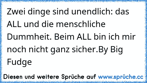 Zwei dinge sind unendlich: das ALL und die menschliche Dummheit. Beim ALL bin ich mir noch nicht ganz sicher.
By Big Fudge