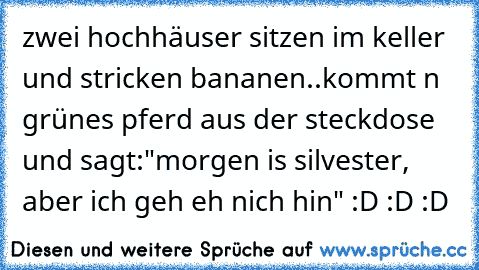 zwei hochhäuser sitzen im keller und stricken bananen..kommt n grünes pferd aus der steckdose und sagt:"morgen is silvester, aber ich geh eh nich hin" :D :D :D