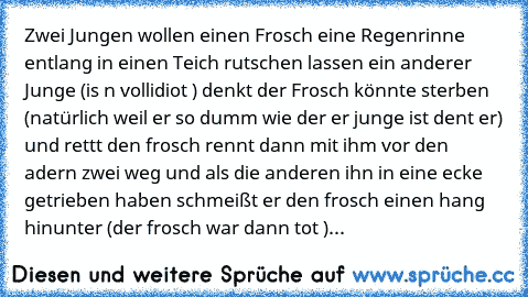 Zwei Jungen wollen einen Frosch eine Regenrinne entlang in einen Teich rutschen lassen ein anderer Junge (is n vollidiot ) denkt der Frosch könnte sterben (natürlich weil er so dumm wie der er junge ist dent er) und rettt den frosch rennt dann mit ihm vor den adern zwei weg und als die anderen ihn in eine ecke getrieben haben schmeißt er den frosch einen hang hinunter (der frosch war dann tot ) we...