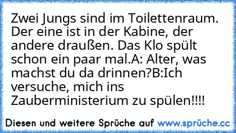 Zwei Jungs sind im Toilettenraum. Der eine ist in der Kabine, der andere draußen. Das Klo spült schon ein paar mal.
A: Alter, was machst du da drinnen?
B:Ich versuche, mich ins Zauberministerium zu spülen!!!!