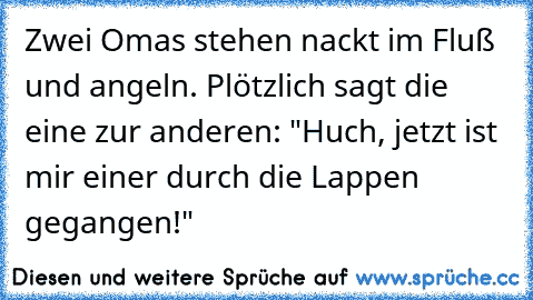 Zwei Omas stehen nackt im Fluß und angeln. Plötzlich sagt die eine zur anderen: "Huch, jetzt ist mir einer durch die Lappen gegangen!"