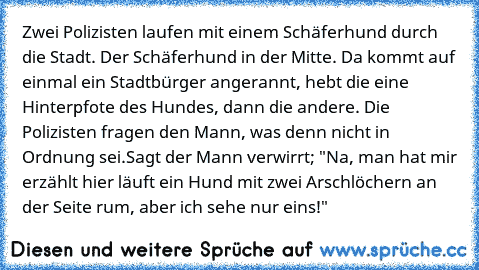 Zwei Polizisten laufen mit einem Schäferhund durch die Stadt. Der Schäferhund in der Mitte. Da kommt auf einmal ein Stadtbürger angerannt, hebt die eine Hinterpfote des Hundes, dann die andere. Die Polizisten fragen den Mann, was denn nicht in Ordnung sei.
Sagt der Mann verwirrt; "Na, man hat mir erzählt hier läuft ein Hund mit zwei Arschlöchern an der Seite rum, aber ich sehe nur eins!"