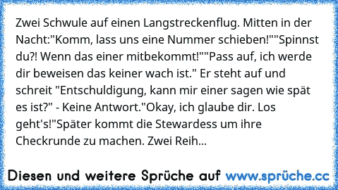 Zwei Schwule auf einen Langstreckenflug. Mitten in der Nacht:
"Komm, lass uns eine Nummer schieben!"
"Spinnst du?! Wenn das einer mitbekommt!"
"Pass auf, ich werde dir beweisen das keiner wach ist." Er steht auf und schreit "Entschuldigung, kann mir einer sagen wie spät es ist?" - Keine Antwort.
"Okay, ich glaube dir. Los geht's!"
Später kommt die Stewardess um ihre Checkrunde zu machen. Zwei R...