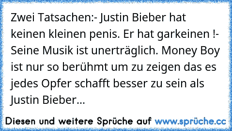 Zwei Tatsachen:
- Justin Bieber hat keinen kleinen penis. Er hat garkeinen !
- Seine Musik ist unerträglich. Money Boy ist nur so berühmt um zu zeigen das es jedes Opfer schafft besser zu sein als Justin Bieber...