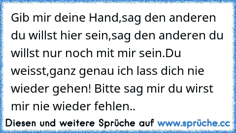 ´Gib mir deine Hand,sag den anderen du willst hier sein,sag den anderen du willst nur noch mit mir sein.Du weisst,ganz genau ich lass dich nie wieder gehen! Bitte sag mir du wirst mir nie wieder fehlen..♥