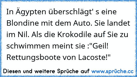 In Ägypten überschlägt' s eine Blondine mit dem Auto. Sie landet im Nil. Als die Krokodile auf Sie zu schwimmen meint sie :
"Geil! Rettungsboote von Lacoste!"