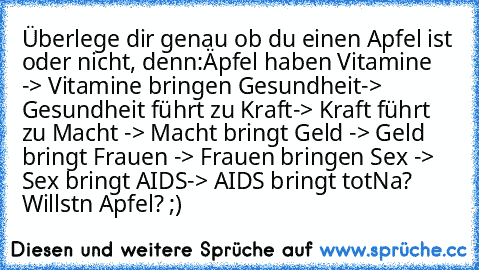 Überlege dir genau ob du einen Apfel ist oder nicht, denn:
Äpfel haben Vitamine -> Vitamine bringen Gesundheit
-> Gesundheit führt zu Kraft
-> Kraft führt zu Macht -> Macht bringt Geld -> Geld bringt Frauen -> Frauen bringen Sex -> Sex bringt AIDS
-> AIDS bringt tot
Na? Willstn Apfel? ;)