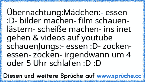 Übernachtung:
Mädchen:
- essen :D
- bilder machen
- film schauen
- lästern
- scheiße machen
- ins inet gehen & videos auf youtube schauen
Jungs:
- essen :D
- zocken
- essen
- zocken
- irgendwann um 4 oder 5 Uhr schlafen :D
♥ :D