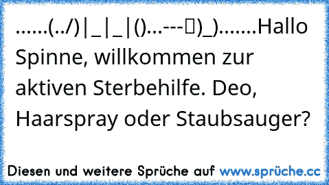 ......(../)
|_|_|(ړײ).
..║---▓)_)
..║..╝╚...Hallo Spinne, willkommen zur aktiven Sterbehilfe. Deo, Haarspray oder Staubsauger?