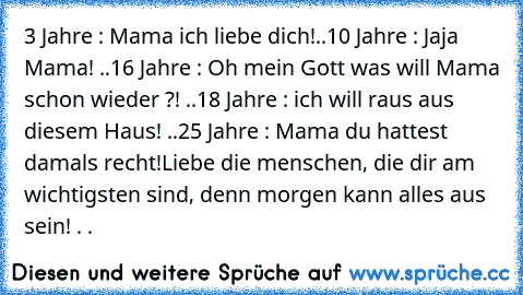 ‎3 Jahre : Mama ich liebe dich!..
10 Jahre : Jaja Mama! ..
16 Jahre : Oh mein Gott was will Mama schon wieder ?! ..
18 Jahre : ich will raus aus diesem Haus! ..
25 Jahre : Mama du hattest damals recht!
Liebe die menschen, die dir am wichtigsten sind, denn morgen kann alles aus sein! . . ♥♥