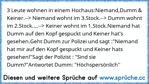 ‎3 Leute wohnen in einem Hochaus:
Niemand,Dumm & Keiner.
--> Niemand wohnt im 3.Stock.
--> Dumm wohnt im 2.Stock.
...--> Keiner wohnt im 1.Stock.
Niemand hat Dumm auf den Kopf gespuckt und Keiner hat's gesehen.
Geht Dumm zur Polizei und sagt :
"Niemand hat mir auf den Kopf gespuckt und Keiner hats gesehen!"
Sagt der Polizist : "Sind sie Dumm?"
Antwortet Dumm: "Höchspersönlich''