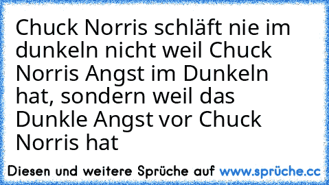 •Chuck Norris schläft nie im dunkeln nicht weil Chuck Norris Angst im Dunkeln hat, sondern weil das Dunkle Angst vor Chuck Norris hat