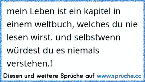 →mein Leben ist ein kapitel in einem weltbuch, welches du nie lesen wirst. und selbst
wenn würdest du es niemals verstehen.!