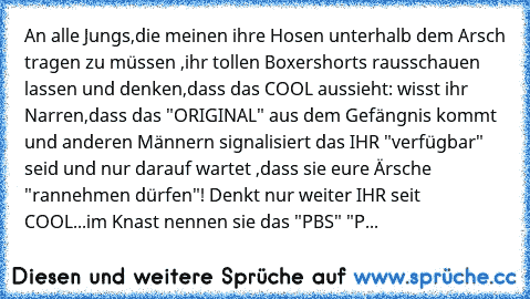 ☆An alle Jungs,die meinen ihre Hosen unterhalb dem Arsch tragen zu müssen ,ihr tollen Boxershorts rausschauen lassen und denken,dass das COOL aussieht: wisst ihr Narren,dass das "ORIGINAL" aus dem Gefängnis kommt und anderen Männern signalisiert das IHR "verfügbar" seid und nur darauf wartet ,dass sie eure Ärsche "rannehmen dürfen"! Denkt nur weiter IHR seit COOL...im Knast nennen sie das "PBS"...