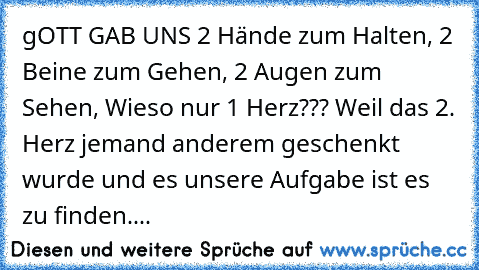 ♥ ♥ ♥ gOTT GAB UNS 2 Hände zum Halten, 2 Beine zum Gehen, 2 Augen zum Sehen, Wieso nur 1 Herz??? Weil das 2. Herz jemand anderem geschenkt wurde und es unsere Aufgabe ist es zu finden....